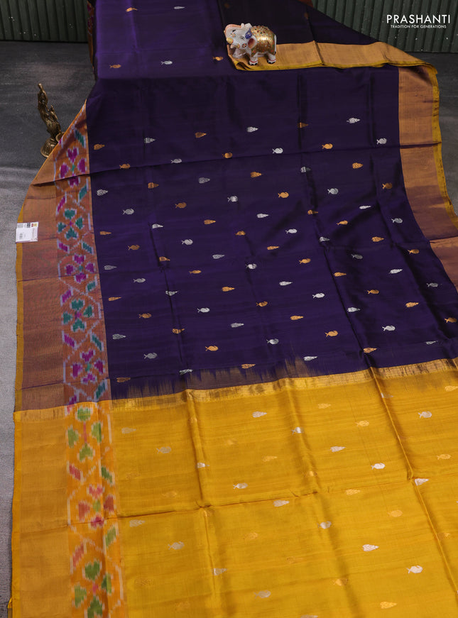 Pure uppada silk saree violet and mustard yellow with allover silver & zari woven buttas and ikat zari woven border