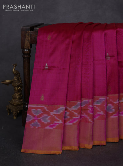 Pure uppada silk saree dark pink and mustard yellow with allover silver & zari woven buttas and ikat zari woven border