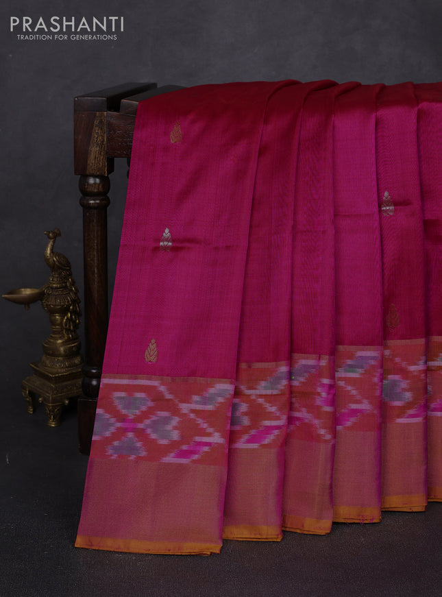 Pure uppada silk saree dark pink and mustard yellow with allover silver & zari woven buttas and ikat zari woven border