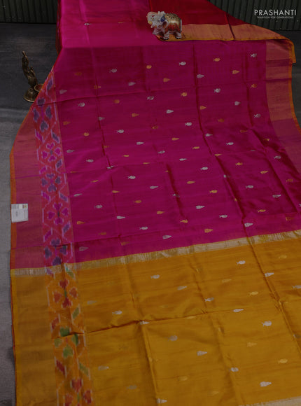 Pure uppada silk saree dark pink and mustard yellow with allover silver & zari woven buttas and ikat zari woven border