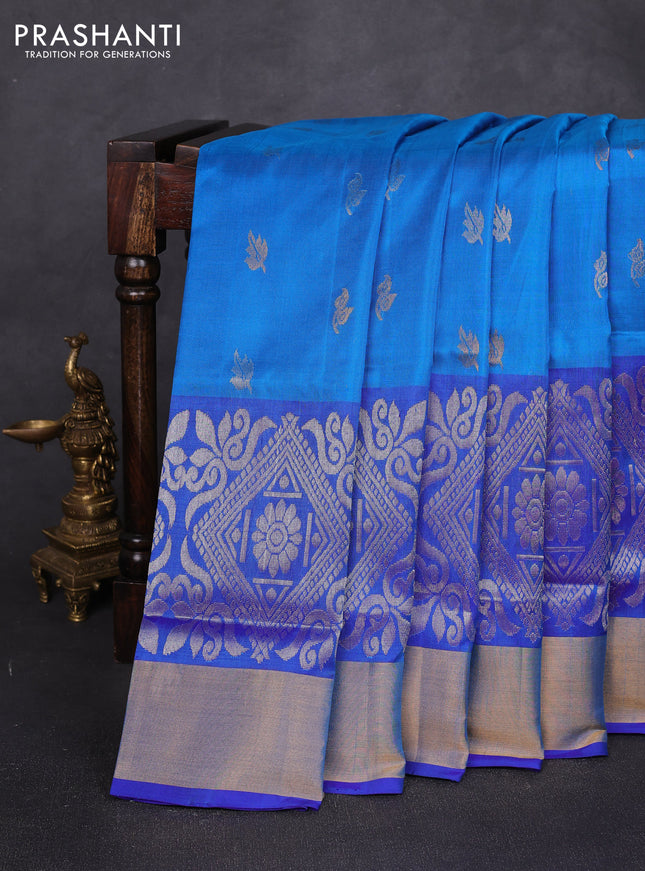 Pure uppada silk saree cs blue and blue with allover silver & zari woven buttas and long zari woven border