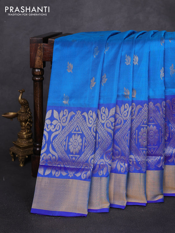 Pure uppada silk saree cs blue and blue with allover silver & zari woven buttas and long zari woven border