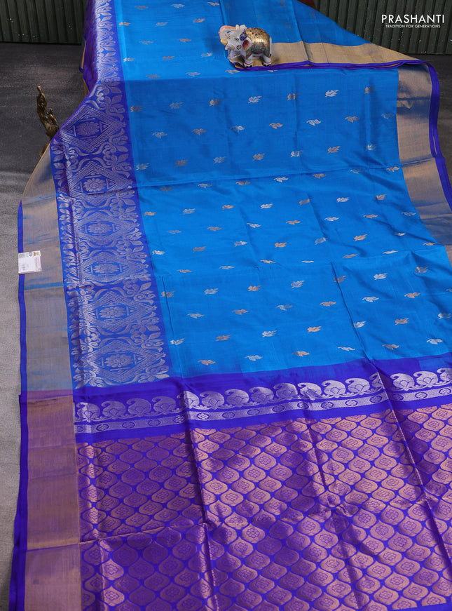 Pure uppada silk saree cs blue and blue with allover silver & zari woven buttas and long zari woven border
