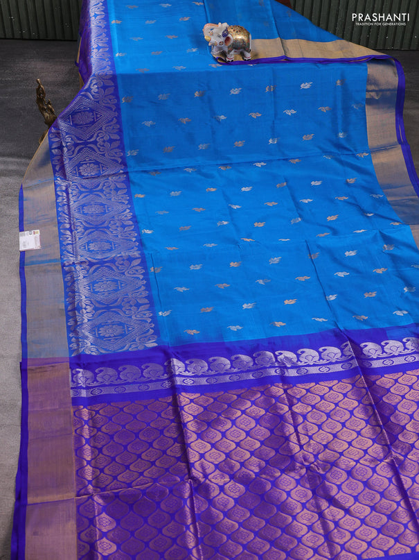Pure uppada silk saree cs blue and blue with allover silver & zari woven buttas and long zari woven border
