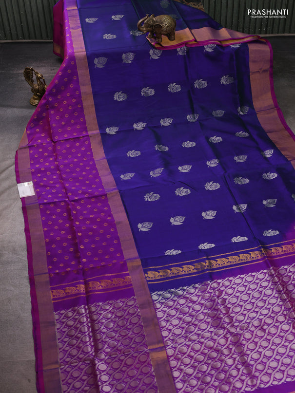 Pure uppada silk saree violet and purple with allover silver zari woven buttas and long zari woven border