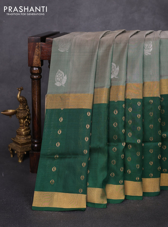 Pure uppada silk saree pastel green and bottle green with allover silver zari woven buttas and long zari woven border