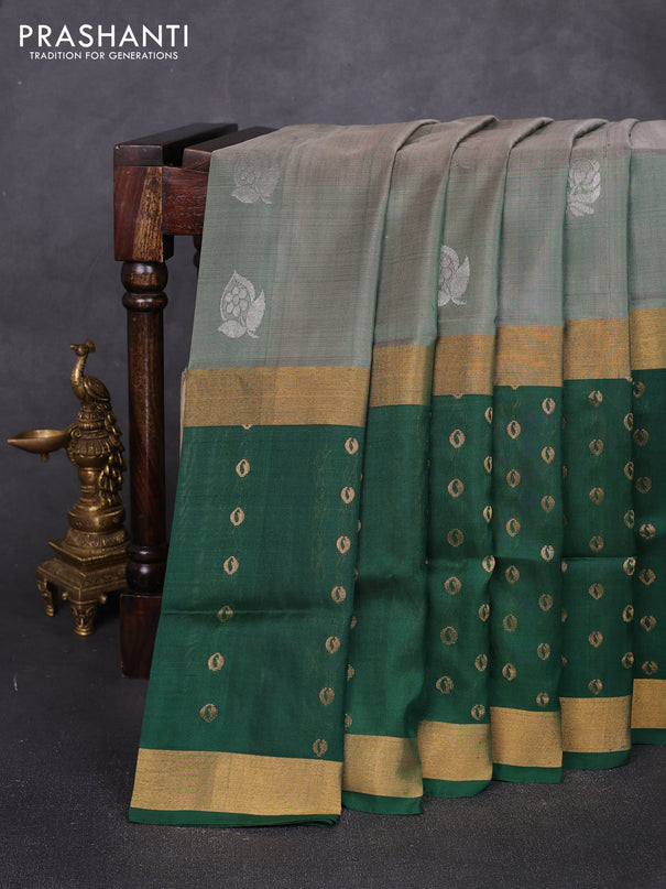 Pure uppada silk saree pastel green and bottle green with allover silver zari woven buttas and long zari woven border