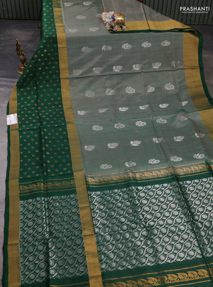 Pure uppada silk saree pastel green and bottle green with allover silver zari woven buttas and long zari woven border