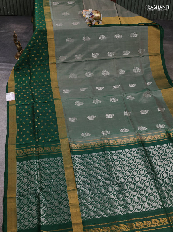 Pure uppada silk saree pastel green and bottle green with allover silver zari woven buttas and long zari woven border