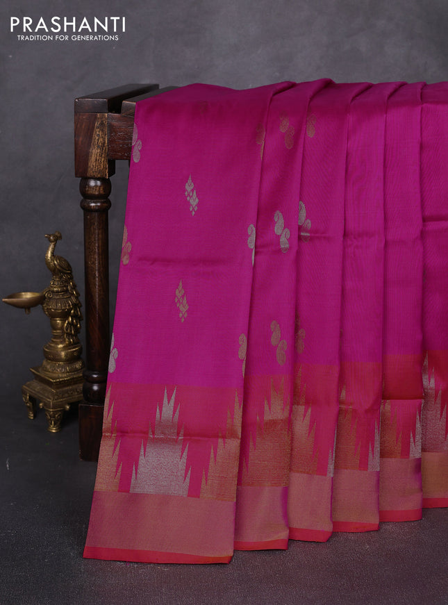Pure uppada silk saree pink and dual shade of pinkish orange with allover silver & zari woven buttas and long temple zari woven border