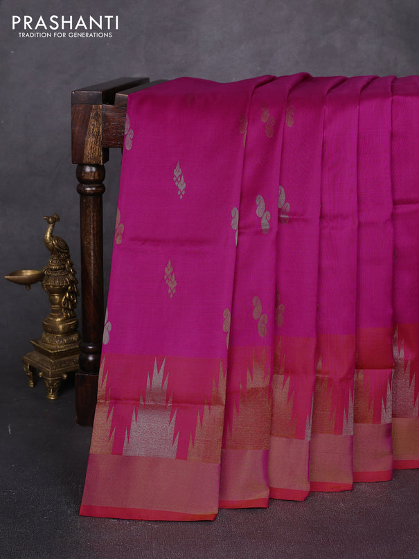 Pure uppada silk saree pink and dual shade of pinkish orange with allover silver & zari woven buttas and long temple zari woven border
