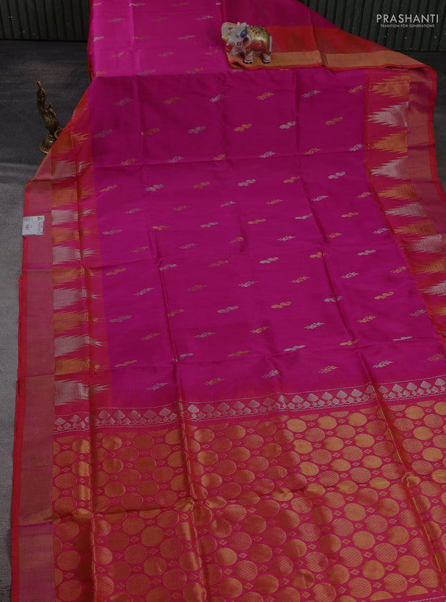 Pure uppada silk saree pink and dual shade of pinkish orange with allover silver & zari woven buttas and long temple zari woven border