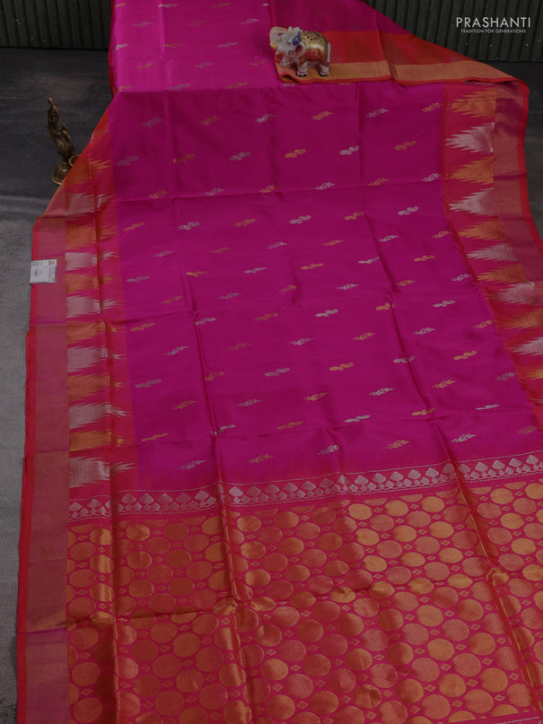 Pure uppada silk saree pink and dual shade of pinkish orange with allover silver & zari woven buttas and long temple zari woven border