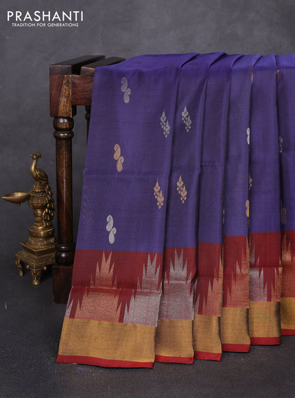 Pure uppada silk saree dark grey and rustic orange with allover silver & zari woven buttas and temple design zari woven border