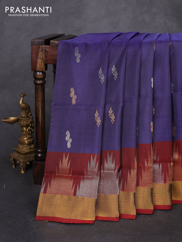 Pure uppada silk saree dark grey and rustic orange with allover silver & zari woven buttas and temple design zari woven border