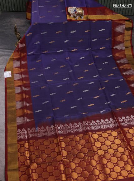 Pure uppada silk saree dark grey and rustic orange with allover silver & zari woven buttas and temple design zari woven border