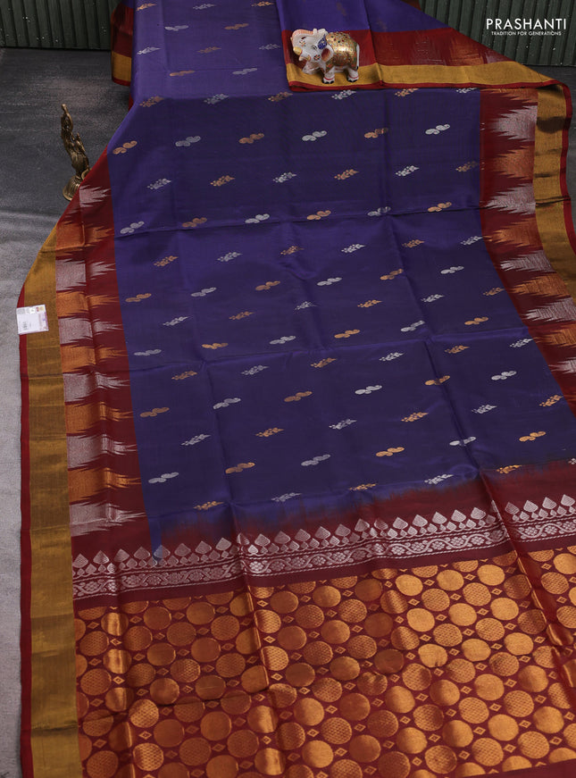 Pure uppada silk saree dark grey and rustic orange with allover silver & zari woven buttas and temple design zari woven border