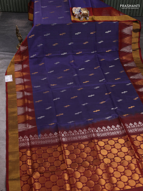 Pure uppada silk saree dark grey and rustic orange with allover silver & zari woven buttas and temple design zari woven border