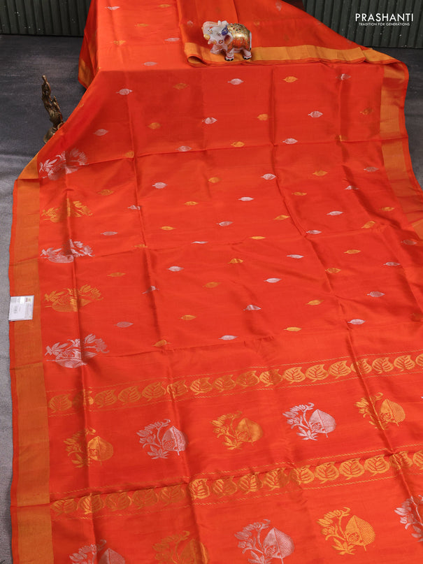 Pure uppada silk saree orange with allover silver & zari woven buttas and zari woven border