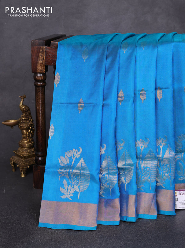 Pure uppada silk saree teal blue with allover silver & zari woven buttas and zari woven border