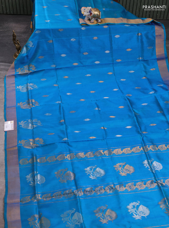 Pure uppada silk saree teal blue with allover silver & zari woven buttas and zari woven border