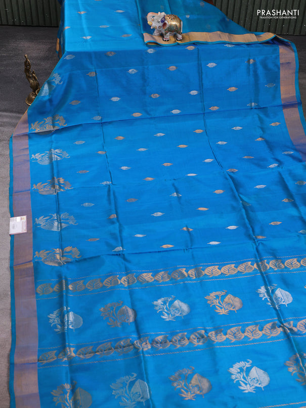 Pure uppada silk saree teal blue with allover silver & zari woven buttas and zari woven border