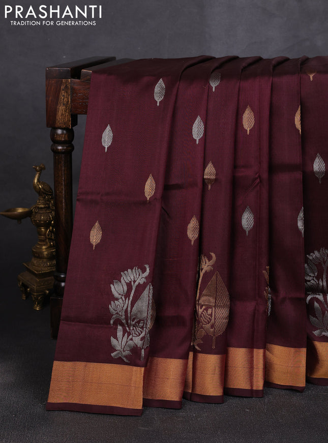Pure uppada silk saree deep wine with allover silver & zari woven buttas and zari woven border