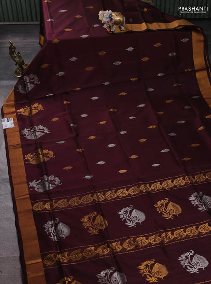 Pure uppada silk saree deep wine with allover silver & zari woven buttas and zari woven border