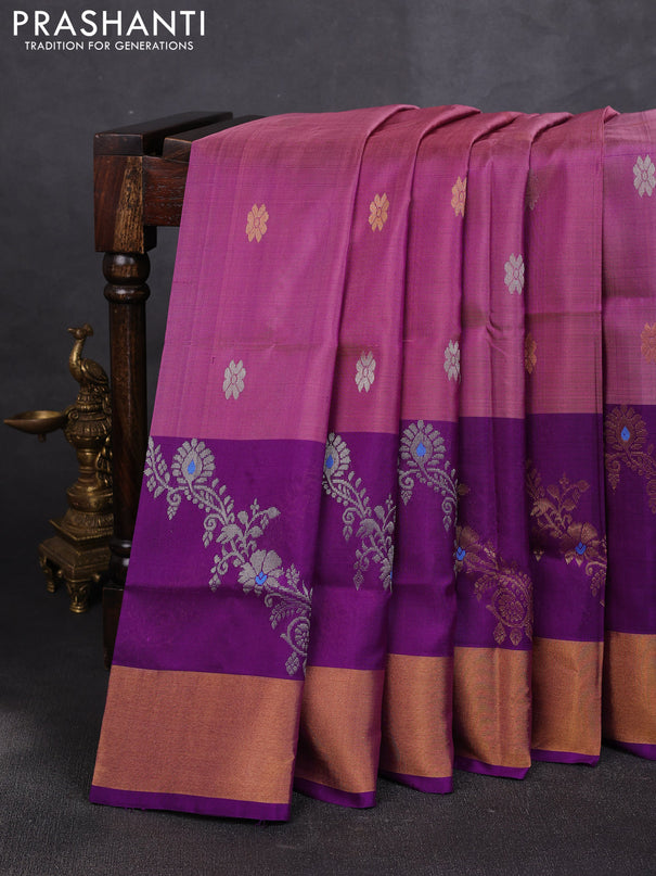 Pure uppada silk saree magenta pink and purple with allover silver & zari woven buttas and zari woven butta border