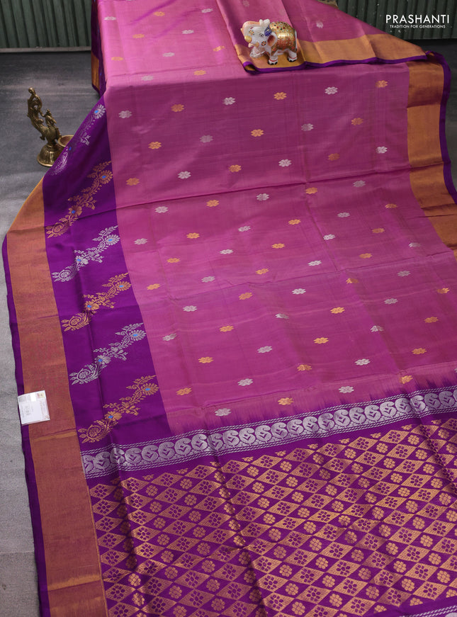 Pure uppada silk saree magenta pink and purple with allover silver & zari woven buttas and zari woven butta border