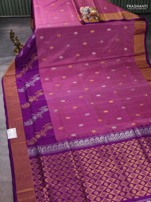 Pure uppada silk saree magenta pink and purple with allover silver & zari woven buttas and zari woven butta border