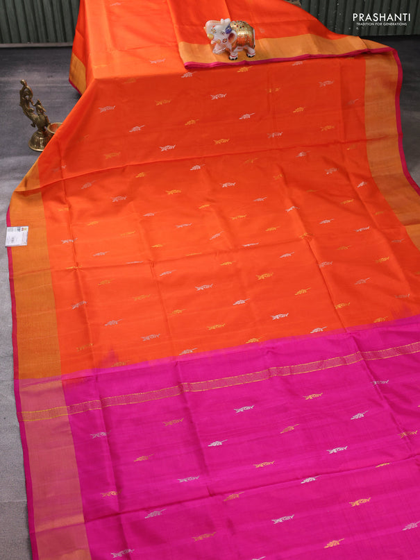 Pure uppada silk saree orange and pink with allover silver & zari woven buttas and zari woven border