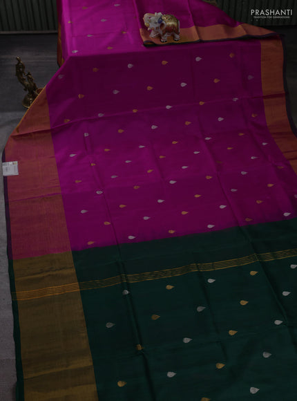 Pure uppada silk saree pink and bottle green with allover silver & zari woven buttas and ikat woven zari border