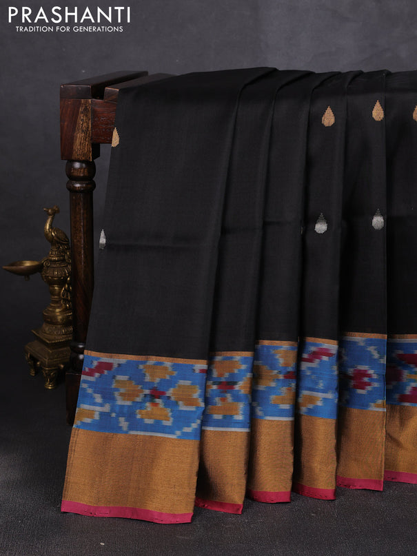 Pure uppada silk saree black and wine shade with allover silver & zari woven buttas and ikat woven zari border