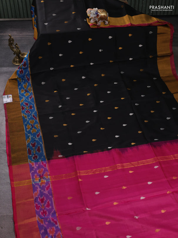 Pure uppada silk saree black and wine shade with allover silver & zari woven buttas and ikat woven zari border