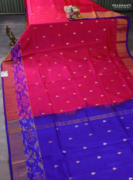 Pure uppada silk saree pink and purple with allover silver & zari woven buttas and ikat woven zari border