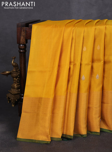Pure uppada silk saree mustard yellow and bottle green with allover silver & zari woven buttas and zari woven border