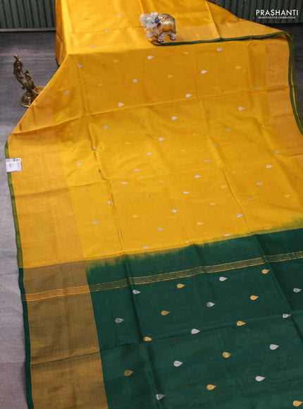 Pure uppada silk saree mustard yellow and bottle green with allover silver & zari woven buttas and zari woven border