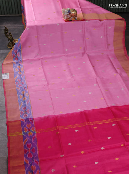 Pure uppada silk saree light pink and pink with allover silver & zari woven buttas and ikat woven zari border