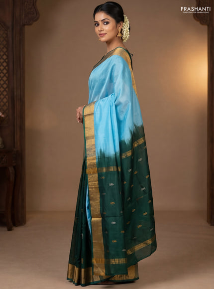 Pure uppada partly silk saree light blue and green with plain body and zari woven border