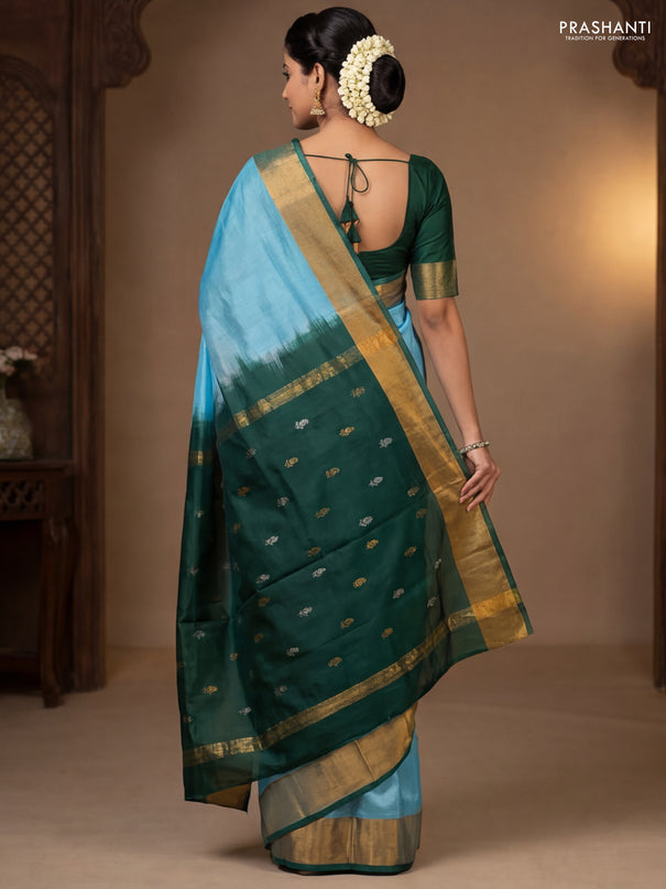 Pure uppada partly silk saree light blue and green with plain body and zari woven border
