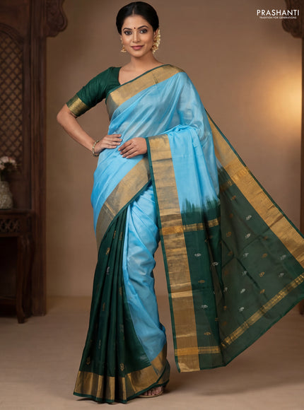 Pure uppada partly silk saree light blue and green with plain body and zari woven border