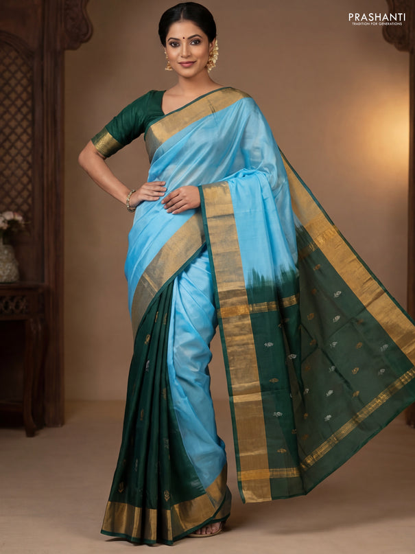 Pure uppada partly silk saree light blue and green with plain body and zari woven border