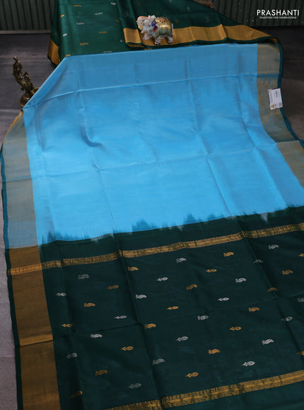 Pure uppada partly silk saree light blue and green with plain body and zari woven border
