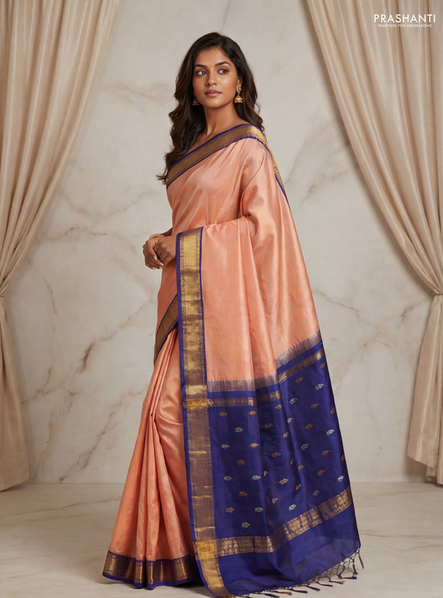 Pure uppada partly silk saree dark peach and navy blue with plain body and zari woven border
