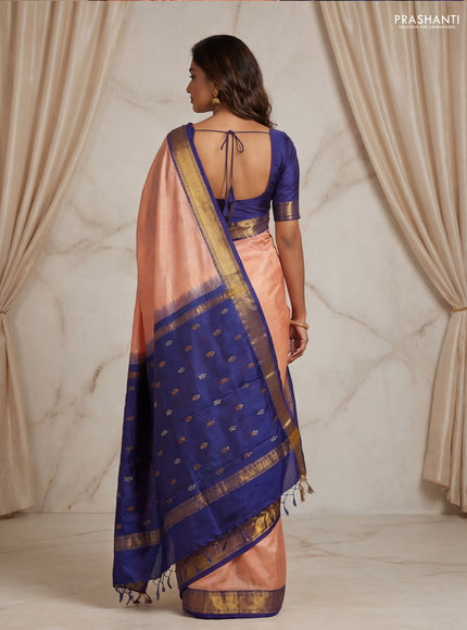 Pure uppada partly silk saree dark peach and navy blue with plain body and zari woven border