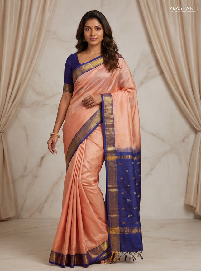 Pure uppada partly silk saree dark peach and navy blue with plain body and zari woven border