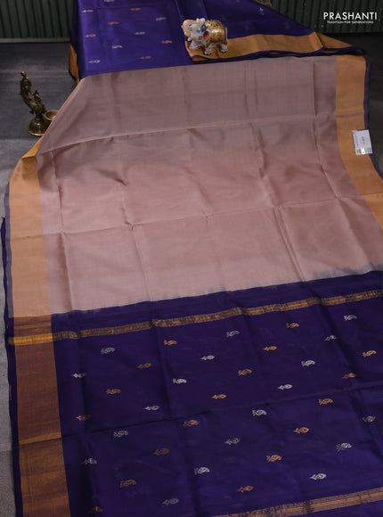 Pure uppada partly silk saree dark peach and navy blue with plain body and zari woven border