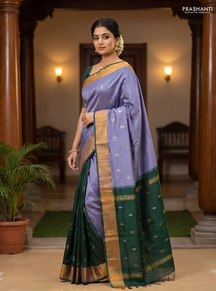 Pure uppada partly silk saree grey and green with plain body and zari woven border