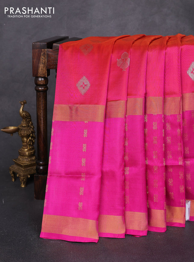 Pure uppada silk saree dual shade of pinkish orange and pink with allover zari woven buttas and long zari woven butta border
